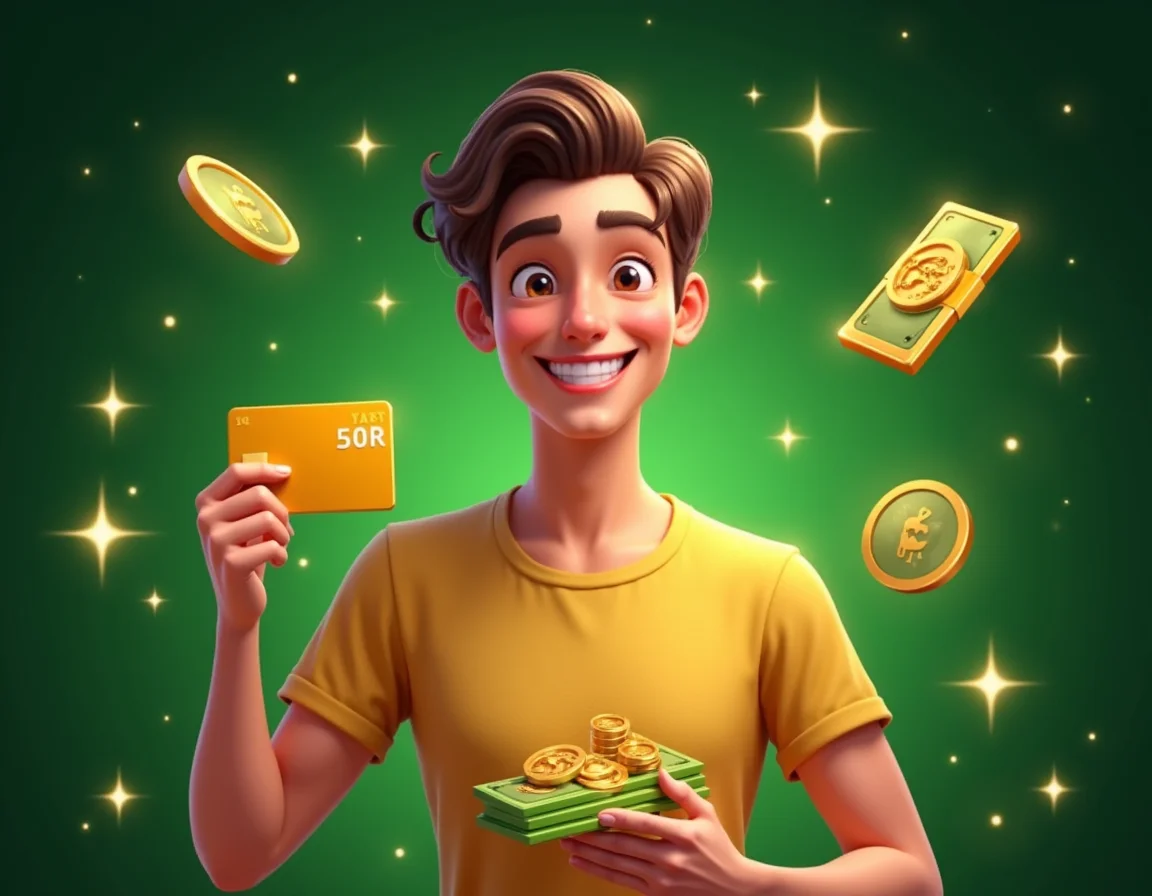 Smiling golden god character offering first deposit 50% bonus