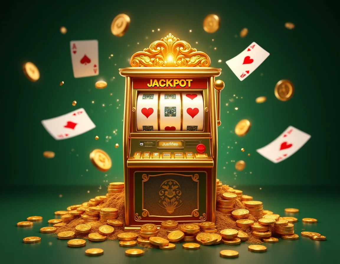Lucky draw scene with cards, coins and golden tokens on casino background