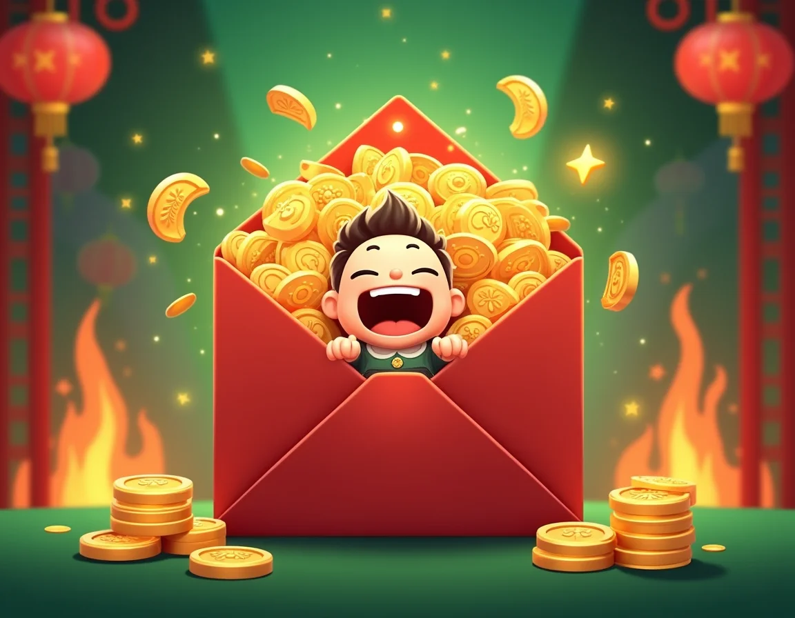 Cartoon fire character holding red envelope filled with bonuses