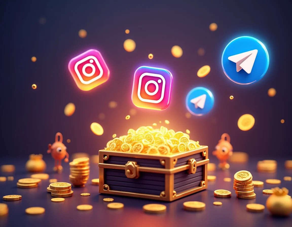 Sharing referral link with app icons and golden coins on green background
