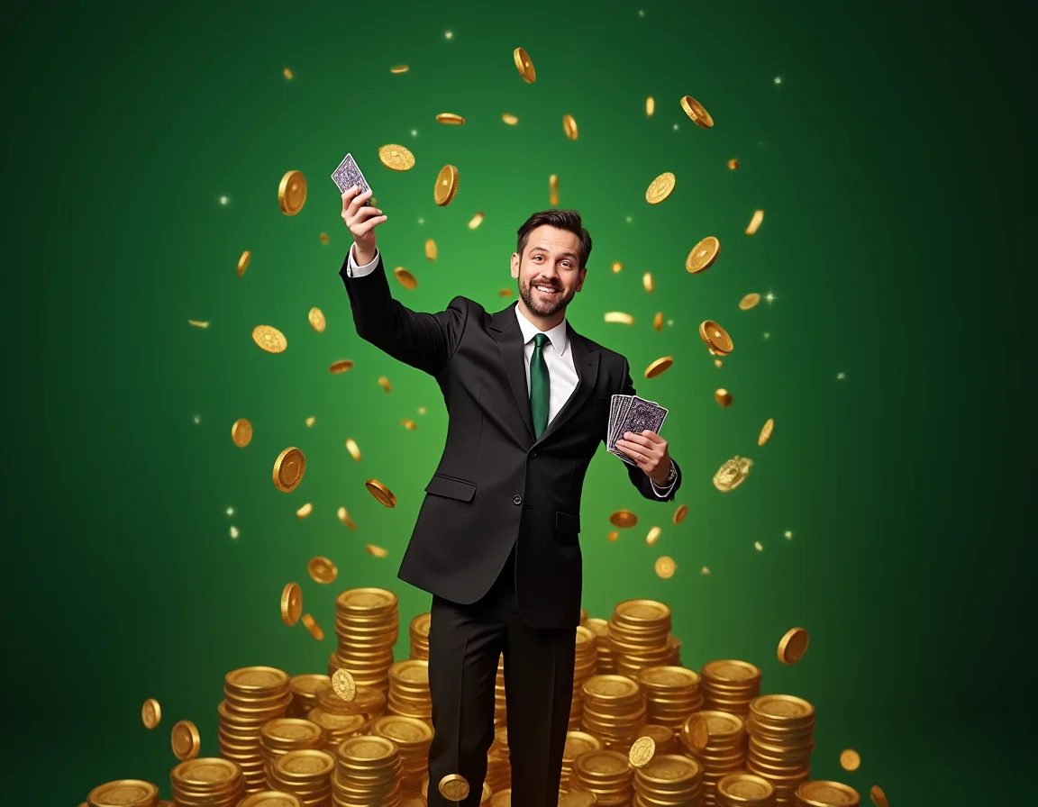 Stylized man with cards and treasure promoting daily reload bonus